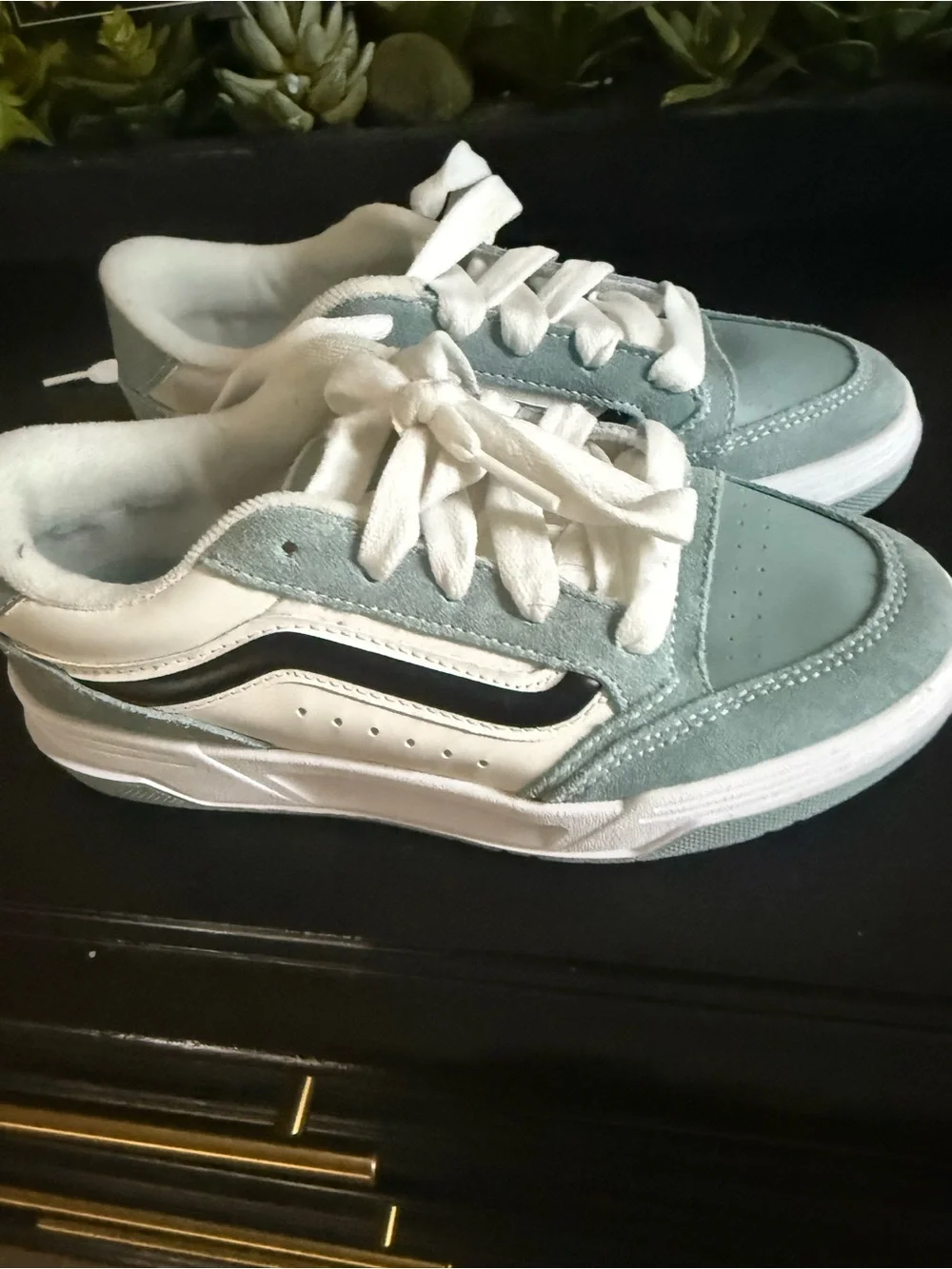 Vans Teal and White Low-Top Skate Sneakers